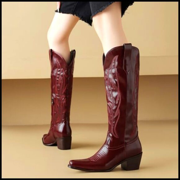 Women's Western Knee High Boots Wide Calf Snip Toe Chunky Heel Side Zipper - Picture 2 of 6